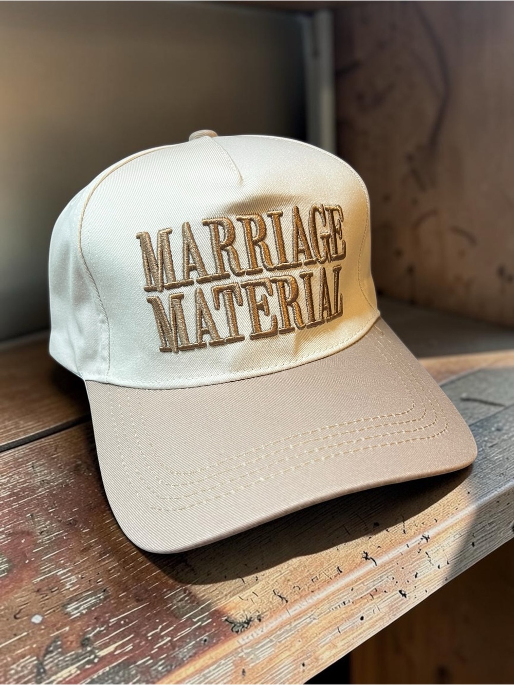 Marriage Material Embroidered Two-Tone Cap - Cream & Tan